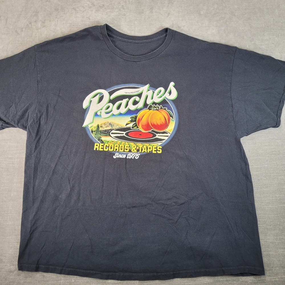 Peaches Records & Tapes Since 1975 Mens Black Graphic T-Shirt XL Its Peachy
